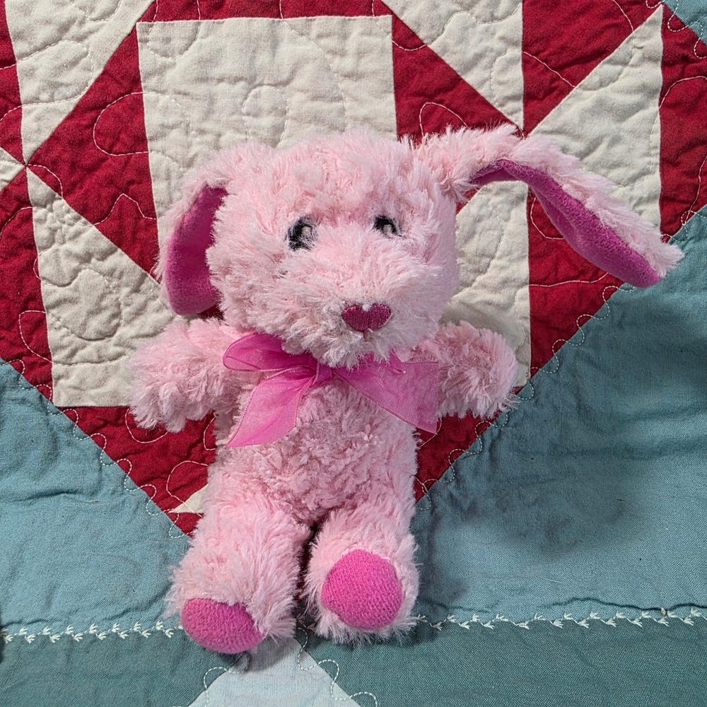Greenbrier International Plush Bunny Rabbit Small Pink Shaggy Fur Bow